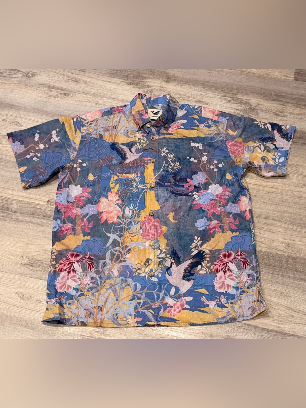 Yiume Men's Hawaiian Floral Crane Bird Print Short Sleeve Button-Up Shirt M